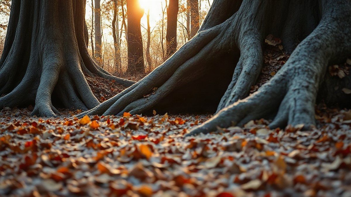 Entrada de toca entre raízes de árvore em floresta de inverno com folhas cobertas de geada