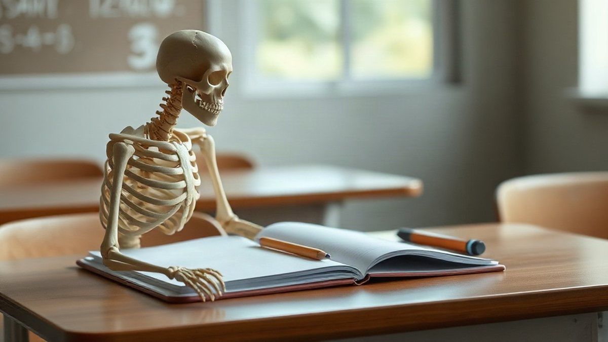 Esqueleto humano didático sobre uma mesa de estudos com caderno de ciências