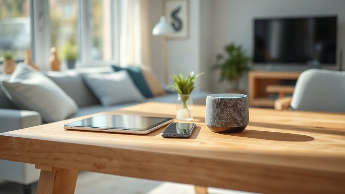 Tablet, smartphone e caixa de som inteligente sobre uma mesa, representando como a inteligência artificial está presente nos computadores de hoje