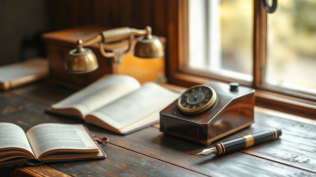 Aparelho antigo de comunicação sobre uma mesa de madeira, representando a história de quem inventou o telefone
