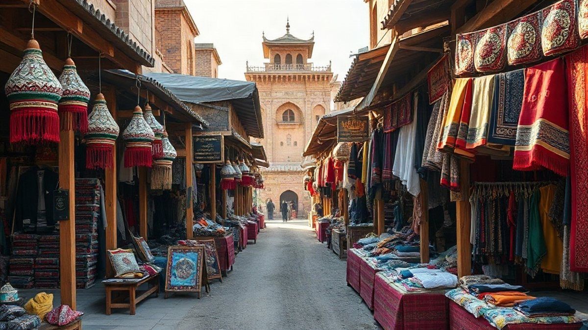 Mercado tradicional em Xinjiang, região onde vivem os uigures, com chapéus bordados e tecidos coloridos