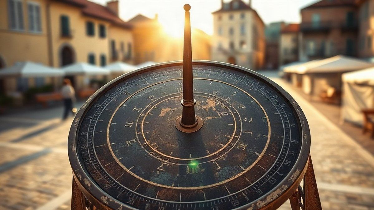 Relógio de sol antigo em praça ensolarada com a sombra do gnômon marcando as horas, ilustrando relógio de sol e fuso horário