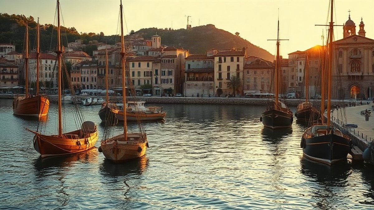 Porto mediterrâneo medieval com navios de madeira e casas de pedra, representando as repúblicas marítimas italianas