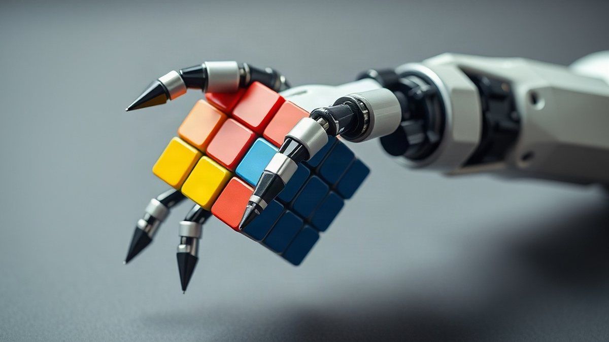 Robô que resolve o cubo de Rubik com uma mão articulada segurando o quebra-cabeça colorido