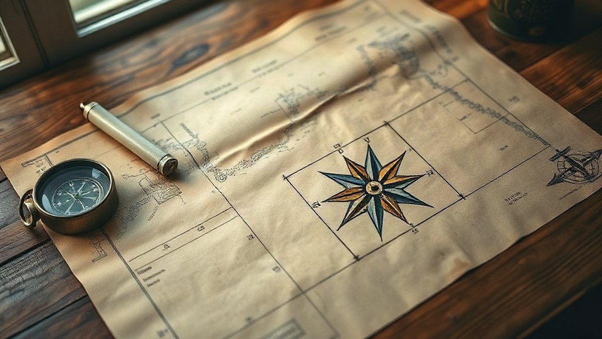 Rosa dos ventos desenhada em um mapa antigo, com os pontos cardeais e colaterais