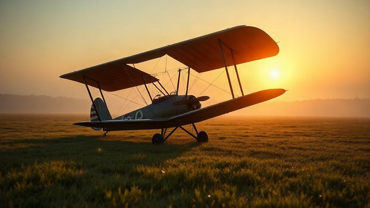 Avião antigo de asas de tecido sobre um campo gramado ao amanhecer
