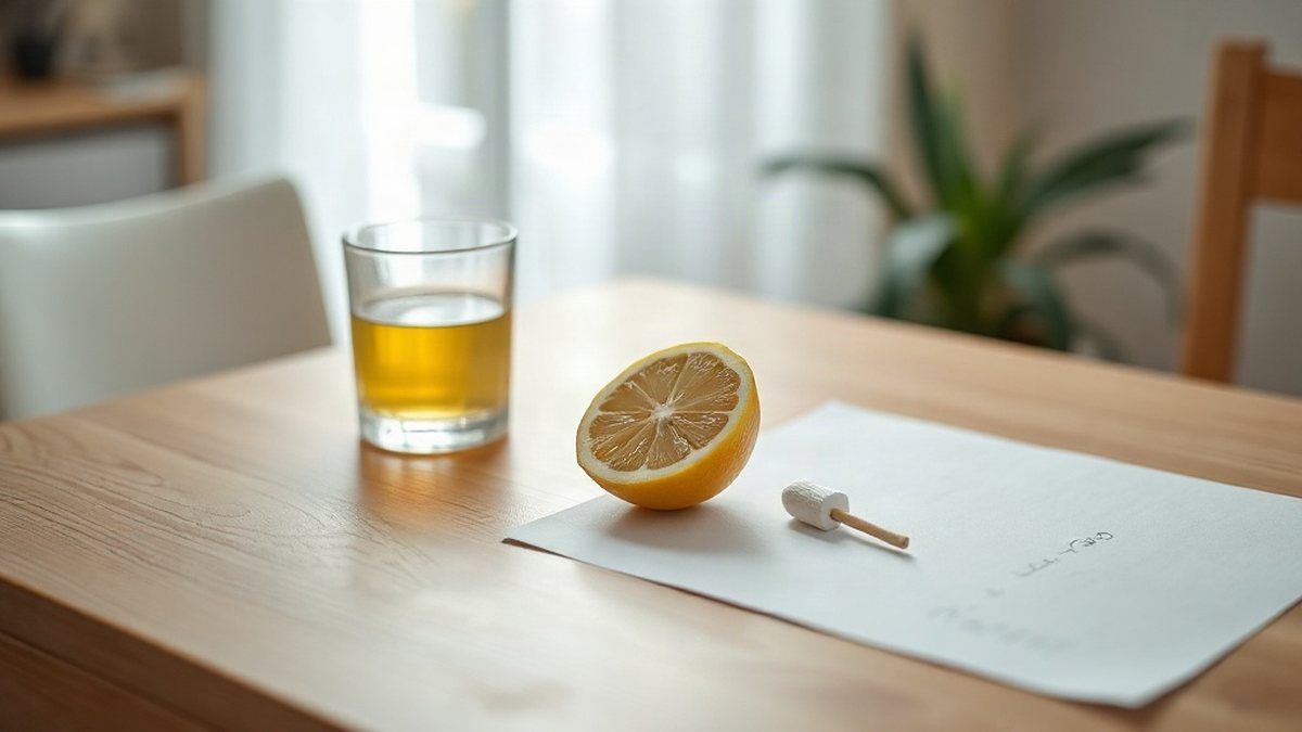Limão cortado, copo de suco e papel branco para experiência de tinta invisível com limão